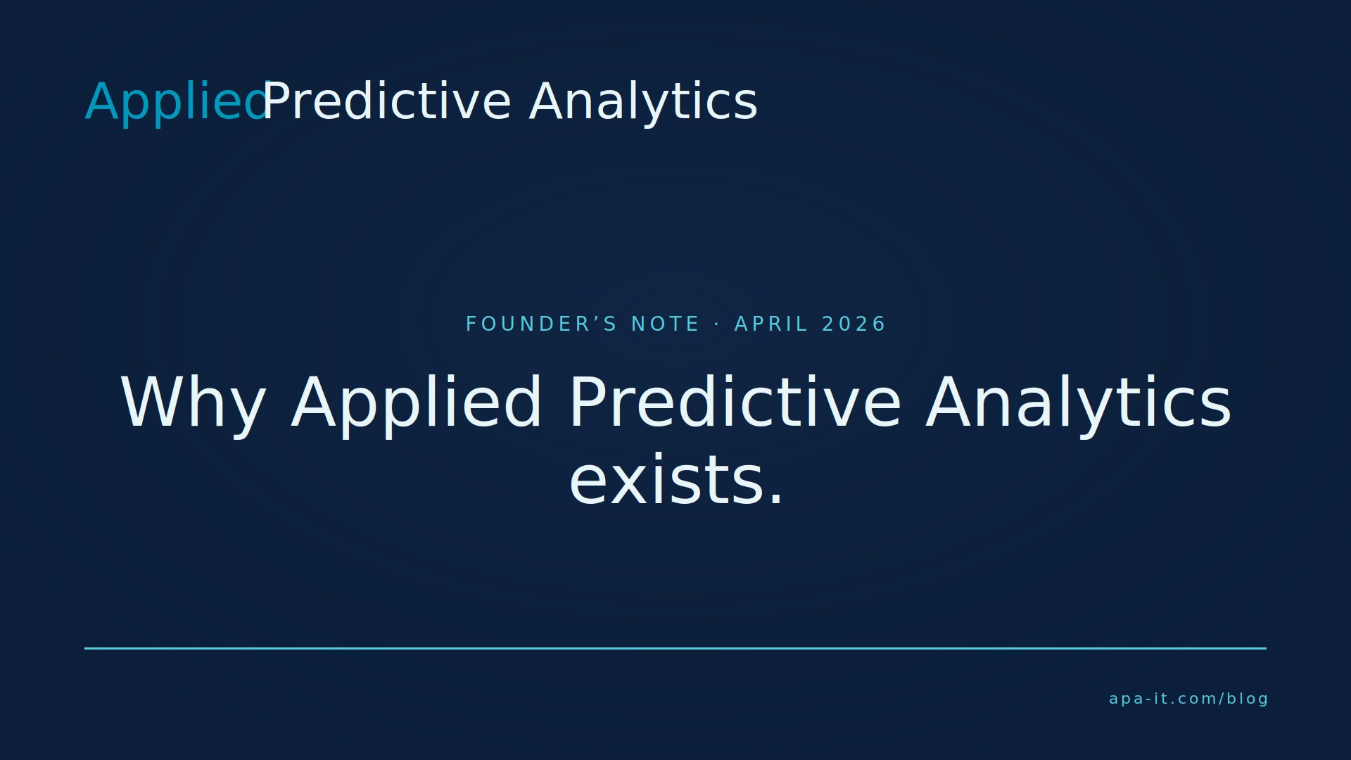 Navy composition with the title &lsquo;Why Applied Predictive Analytics exists.&rsquo; in serif type, with the Applied Predictive Analytics wordmark and a teal accent line.