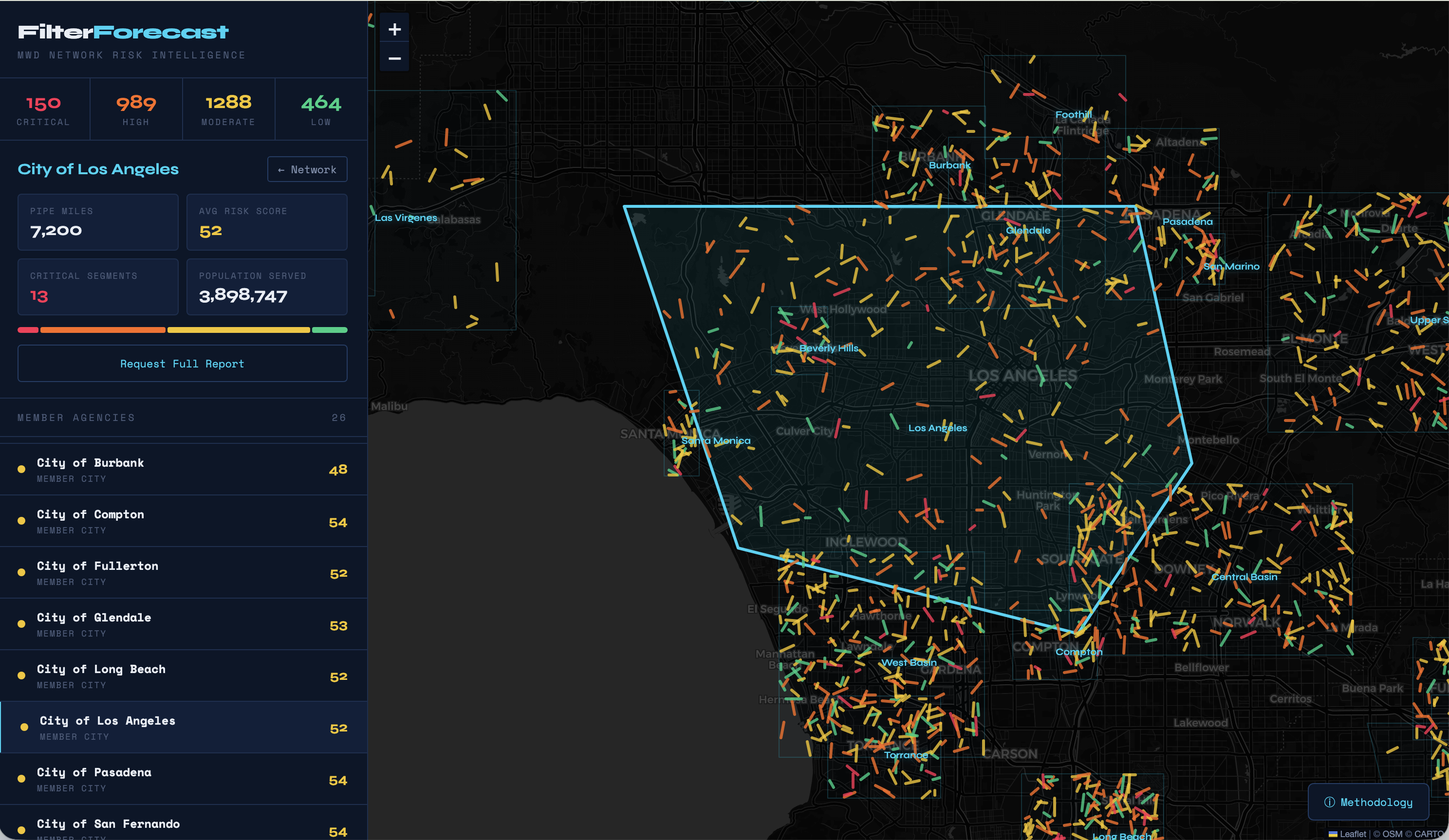 FilterForecast showing the City of Burbank drill-down with 340 pipe miles scored.