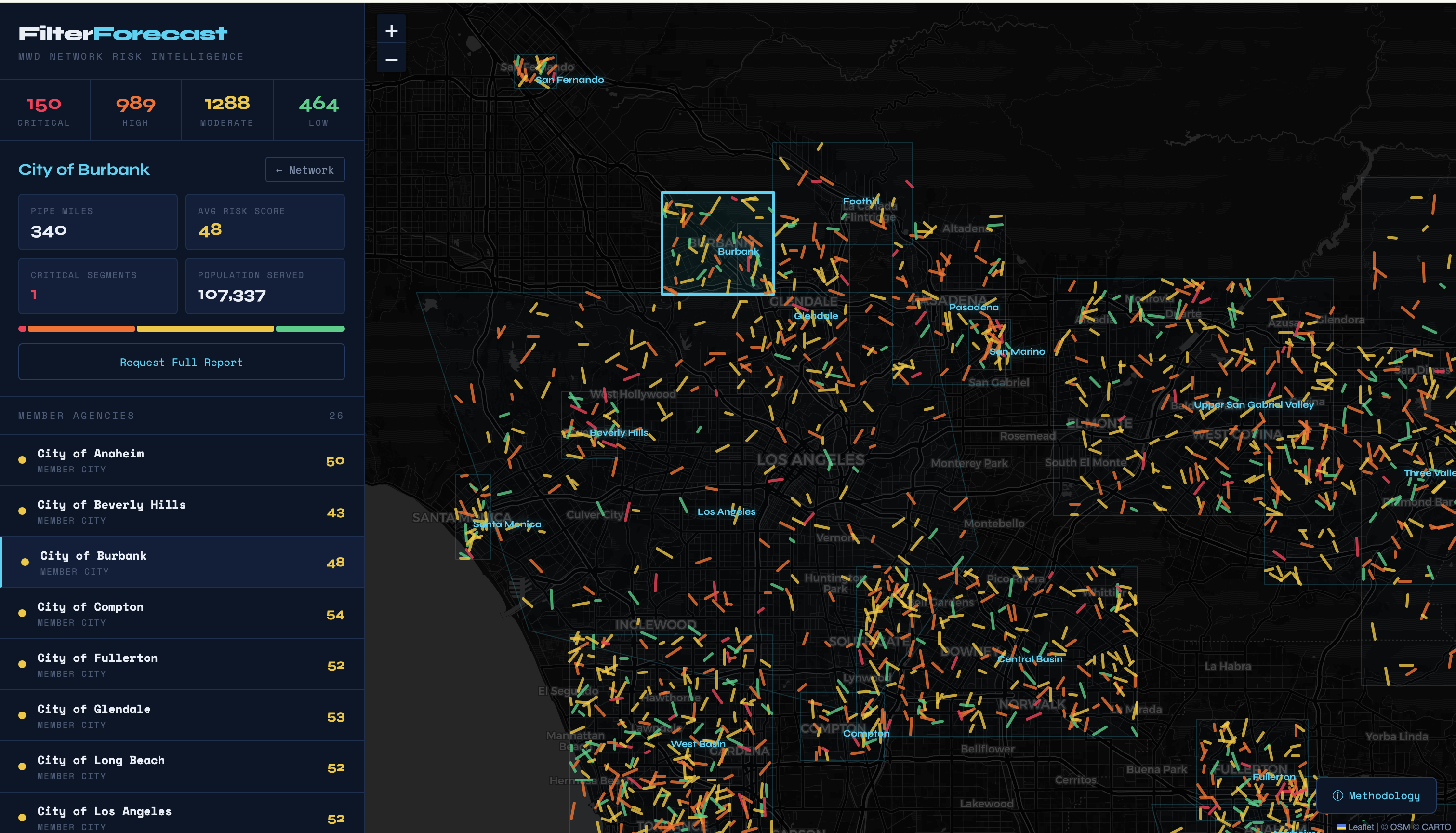 FilterForecast showing Western Municipal Water District of Riverside County with 3,800 pipe miles scored across the Inland Empire.